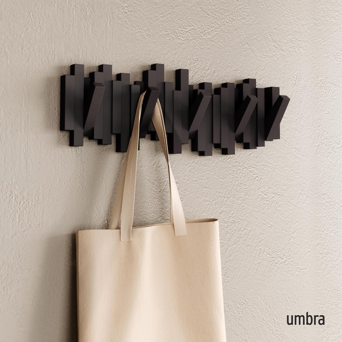 Umbra Sticks Wall-Mounted Coat Rack Rail Hook with 5 Retractable Pegs – Modern, Space-Saving Storage Organizer, Black