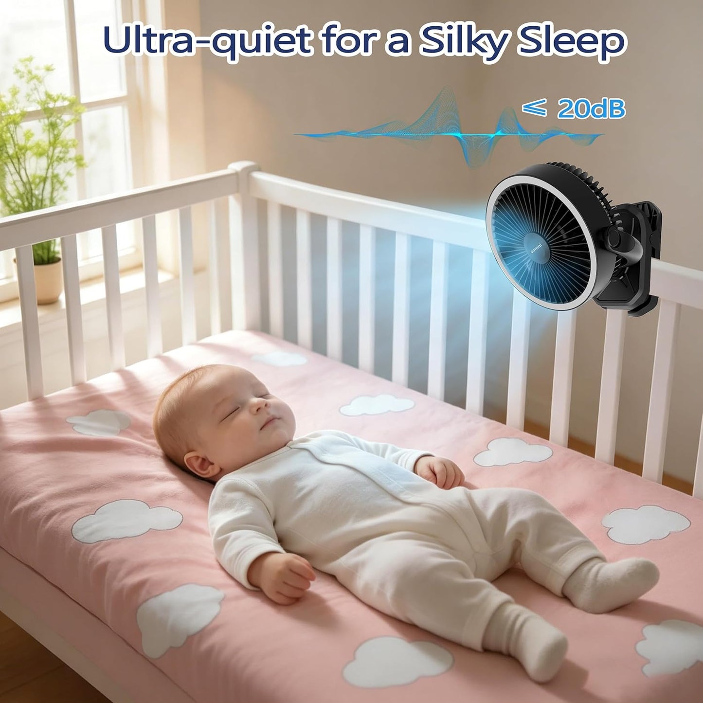 Clip on Fan 16000mAh: Portable Rechargeable Clamp Fan for Stroller Bed Camping Tent Golf Cart - Quiet Battery Operated with 3 Speed Strong Airflow LED Light Hook for Office Desk Outdoor (Black)