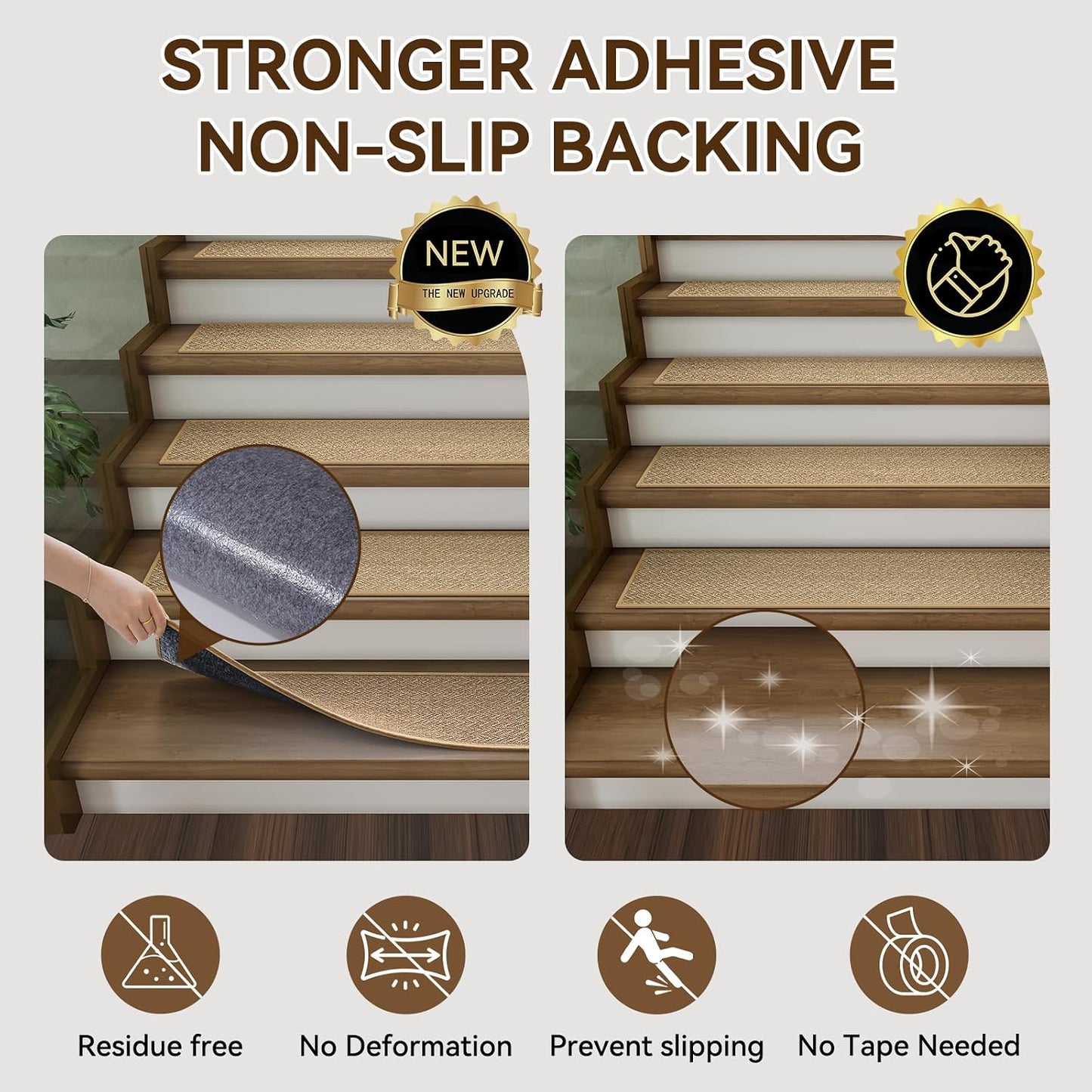 YDKGL Stair Treads Non Slip for Wooden Steps Indoor 15 Pack, Reusable Peel and Stick Adhesive Stair Treads Runner Rugs, Stair Carpet Floor Mats for Elders Pets, Easy to Install, Brown 8" x 30"