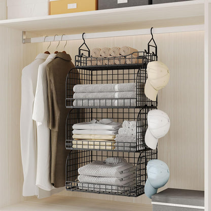HapiRm Hanging Closet Organizer Storage - 3 Tier Metal Stackable Hanging Closet Shelves with Dividers and S Hooks, Foldable Clothes Shelves for Clothes, Pants, Shoes, Coat, Hats Clutches Accessories