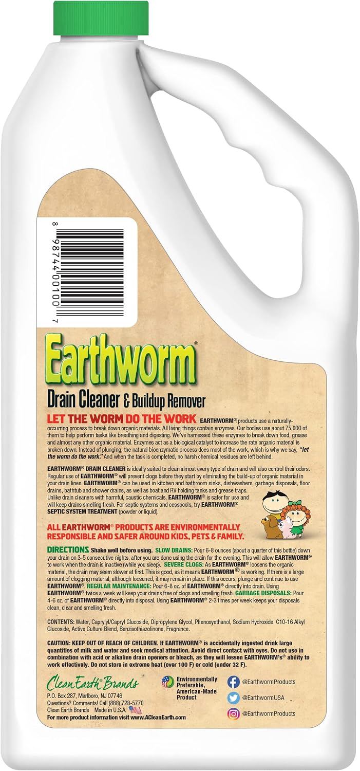 Earthworm Drain Cleaner - Drain Deodorizer - Natural and Family-Safe - 64 fl oz