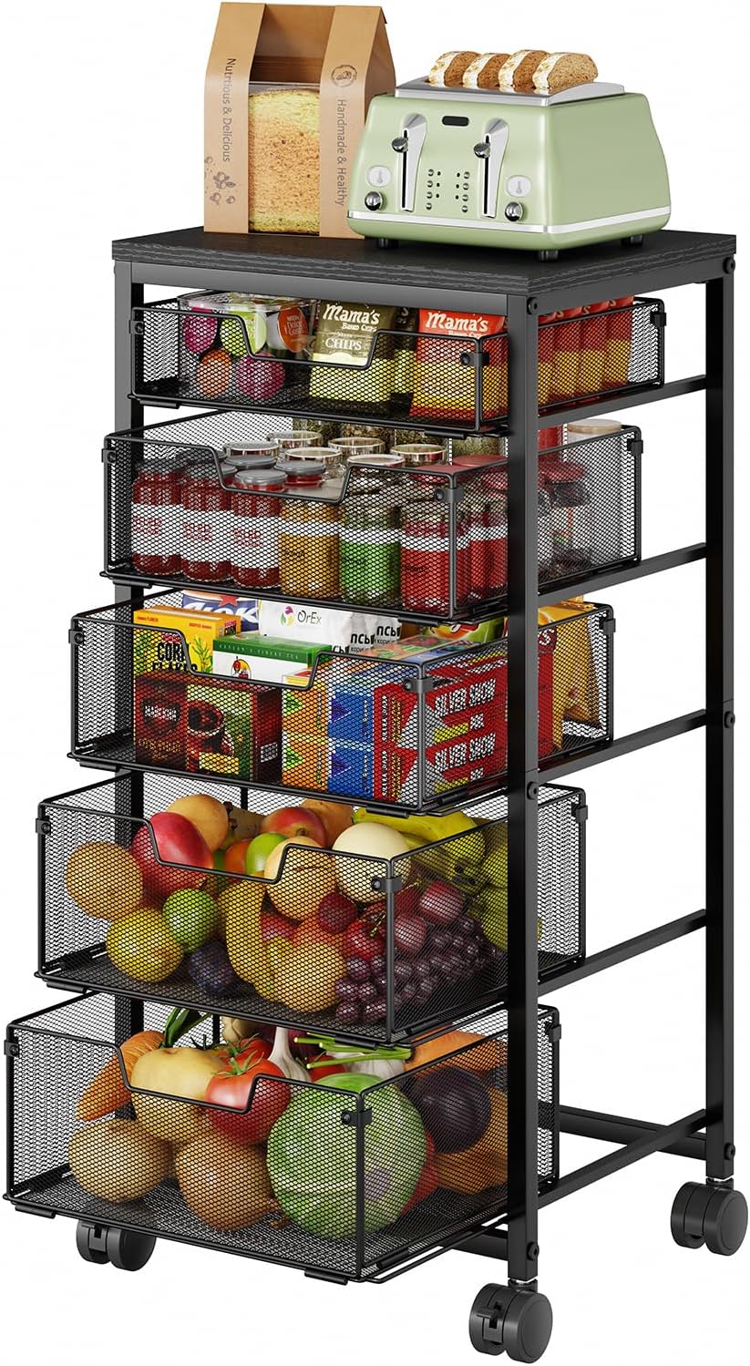 4 Tier Kitchen Rolling Cart, Kitchen Storage Cart with Wheels, Adjust Pantry Organizer and Storage Cart with Drawer, Fruit Vegetable Spice Storage Cart, Wooden Top Metal Kitchen Organizer Rack Stand