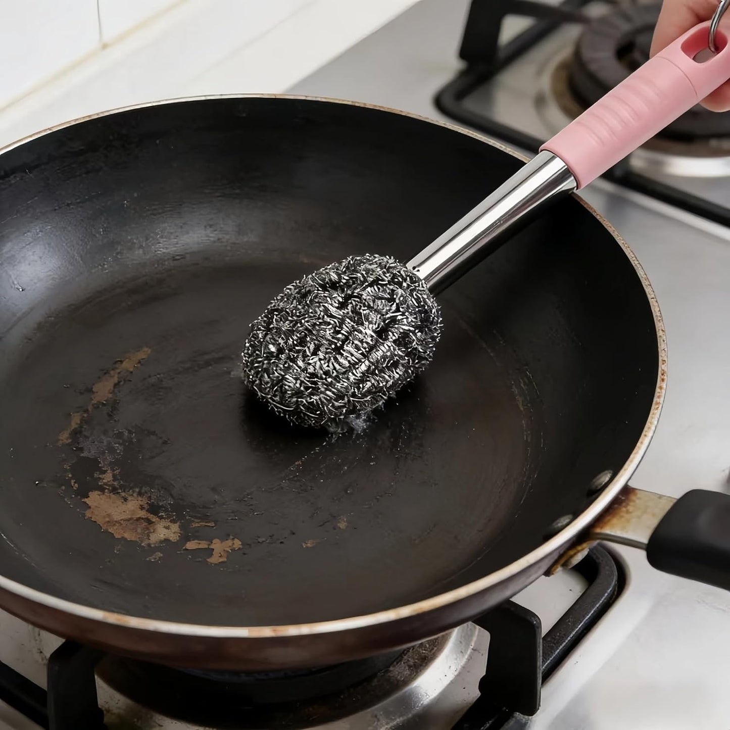 2PCS Steel Wool Scrubber with Handle Rustproof, Cast Iron Scrubber, Stubborn Messes Pot Brush, Remove Dirt for Cleaning Stoves,Sinks Dishes Grills Bowls & Metal Wire Sponge for Kitchens