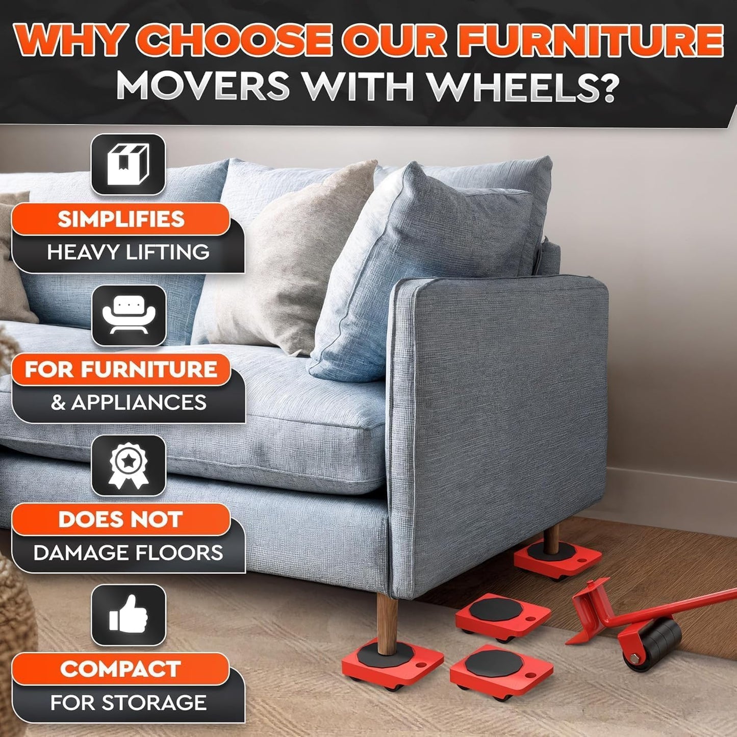 Furniture Lifter Tool & Furniture Moving Sliders Set 360° Rotating Wheels Up to 220 lbs, Refrigerator Movers Sliders with Smooth Glide, Non-Scratch Design for Hardwood Floors, Home & Office Appliances