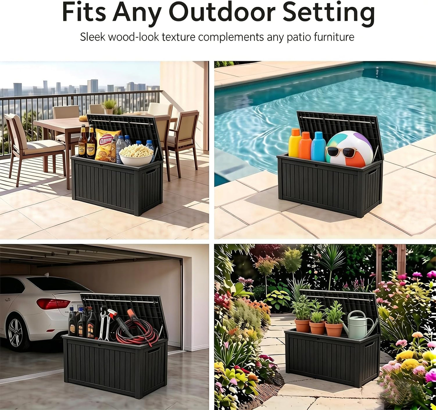 MAKINO 152 Gallon Resin Outdoor Storage Box, Waterproof Deck Box with Lockable Lid, Outside Storage Box for Patio Furniture, Pool Accessories, Garden Tools, Storage Bench for Backyard, Porch, Black