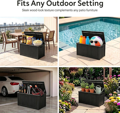 MAKINO 152 Gallon Resin Outdoor Storage Box, Waterproof Deck Box with Lockable Lid, Outside Storage Box for Patio Furniture, Pool Accessories, Garden Tools, Storage Bench for Backyard, Porch, Black