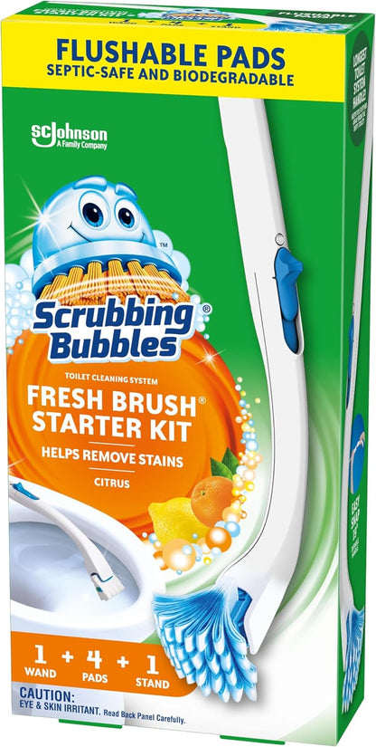 Scrubbing Bubbles Toilet Bowl Cleaning System with Flushable & Disposable Cleaner Refill Pads, Fights Odors and Helps Remove Limescale & Hard Water Stains, Citrus Scent, 1 Wand + 4 Refills + 1 Stand