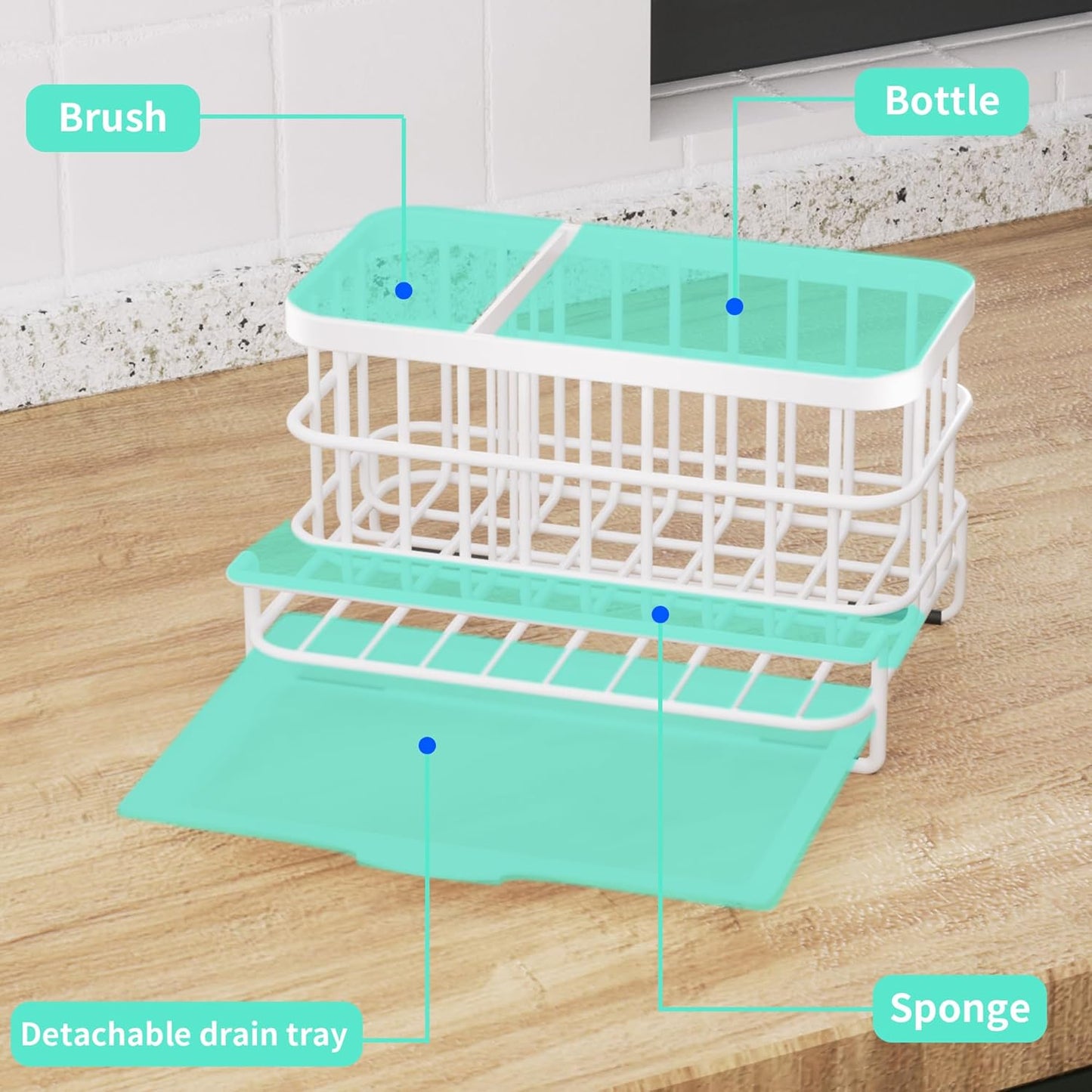 HapiRm Kitchen Sink Organizer, SUS304 Stainless Steel Rustproof Multifunctional Large Sink Caddy with Sponge Holder and Drain Tray for Kitchen Countertop (Silver)