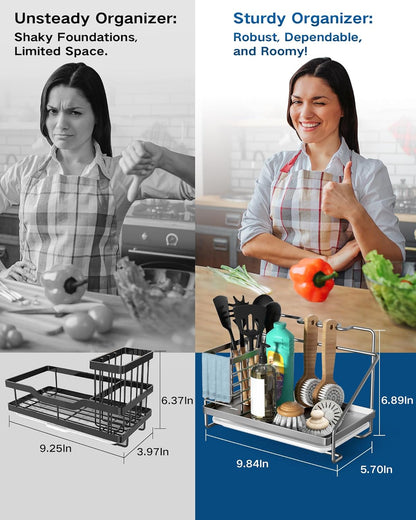 Sponge Holder for Kitchen Sink, Kitchen Sink Caddy Organizer Stainless Steel with Side Baskets, Rustproof and Non-Slip Organizer with Removable Drain Tray for Countertop Storage, Silver