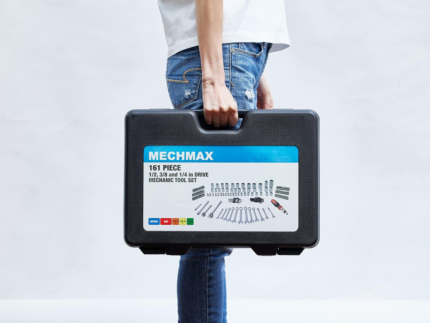 MECHMAX 121-Piece Mechanics Tool Set, 1/4 & 3/8-Inch Drive | Metric and standard SAE socket wrench kit. General automotive repair hand tool set for car mechanics and garage DIY