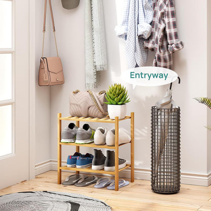 viewcare 3-Tier Black Bamboo Shoe Rack for Entryway, Stackable | Foldable | Natural, Shoe Shelf Storage Organizer for Hallway Closet, Free Standing Shoe Racks for Indoor Outdoor