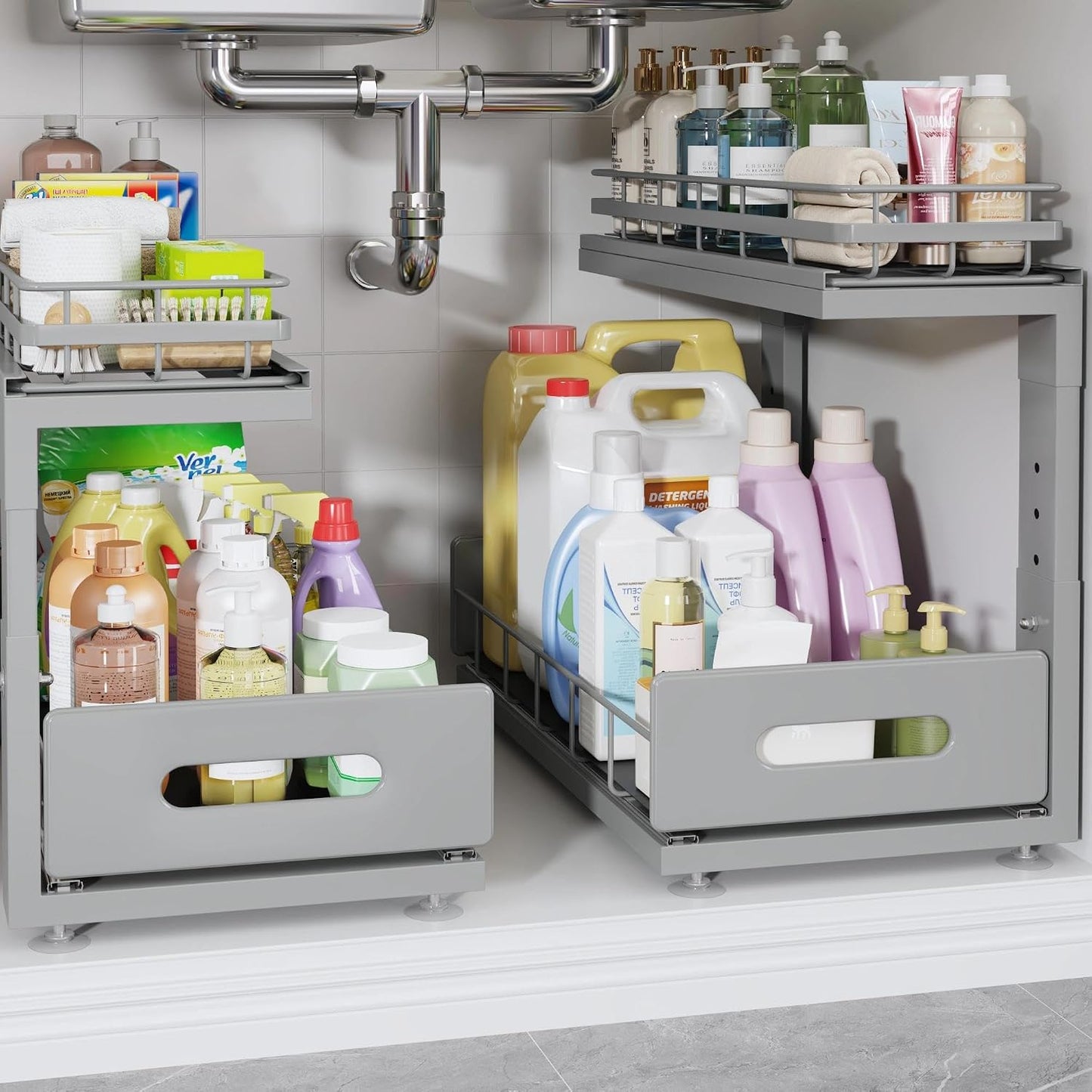 Under Sink Organizer Upgrade To Professional Rails,2-Tier Dual Pull Out Cabinet Storage,Height Adjustable Slide Out Drawers For Bathroom Kitchen,2 Pack-14.5" Dx12.8-16.9" H,White