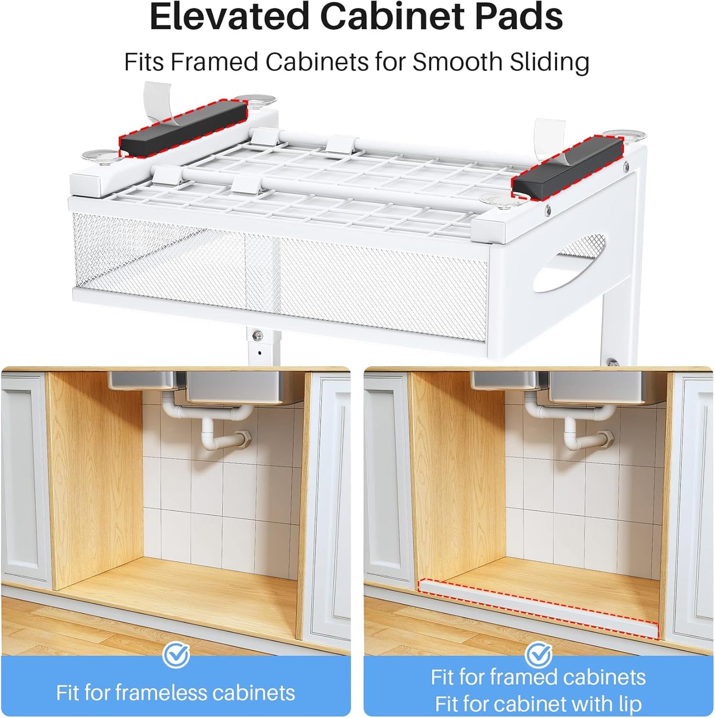 Under Sink Organizer, 2 Pack 2 Tier Pull Out Under Cabinet Organizer Shelf with Pad for Framed Cabinets, Metal Slide Out Under Sink Storage, Mesh Sliding Drawers for Kitchen Bathroom Laundry, Black