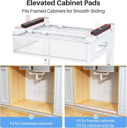 Under Sink Organizer, 2 Pack 2 Tier Pull Out Under Cabinet Organizer Shelf with Pad for Framed Cabinets, Metal Slide Out Under Sink Storage, Mesh Sliding Drawers for Kitchen Bathroom Laundry, Black