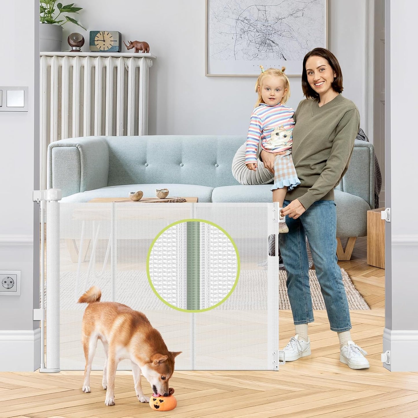 Reinforced 55" Wide Retractable Baby Gates with Reinforced Strips, Indoor/Outdoor Retractable Dog Gate for Doorway Prevent Bottom Drilling Through, No Bottom Bar Safety Mesh Baby Gate for Stair, Black