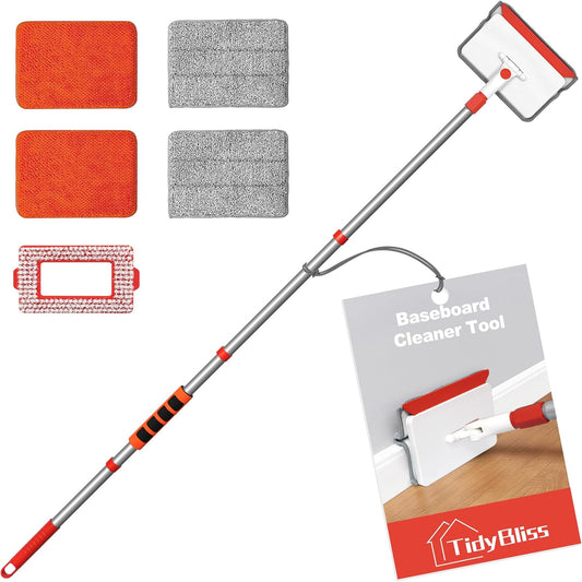 TidyBliss Baseboard Cleaner Tool with Handle, 55.9” Long Wall and Base Board Cleaning Mop, 4 Reusable Pads, 1 Stiff Bristle Scrubber Brush for Floorboard Ceiling Cabinet Window Bathroom Kitchen (Red)