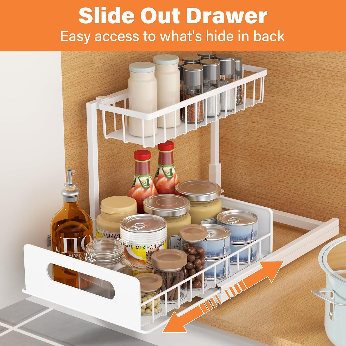 Sturdy Metal Under Sink Organizer 2 Tier, Pull Out Drawer Slides Under Sink Storage for Bathroom Kitchen, Multi-Purpose Iron Under Cabinet Organizer for Cleaning Supplies (Black, 2 Pack)