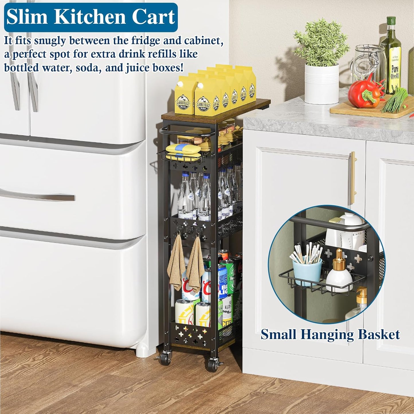 OKZEST Slim Laundry Room Organization Cart with Detergent Dispenser Holder | 4-Tier narrow rolling cart for small space, Holds tall bottles, Upgraded metal hub casters, Premium wood & metal mesh shelves