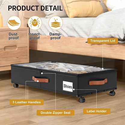 Under Bed Storage Containers with Wheels Large Underbed Shoes Blankets Clothes Toy Storage Drawers for College Dorms Bedrooms Nursery Rooms Organization (Black 2 Pack, 7.5in height(36"x16.6"x7.48"))