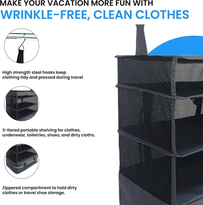 Grand Fusion Stow-N-Go Hanging Travel Shelves, Packing Organizer for Luggage. Carry on Closet for Suitcase. Expandable Packing Cube. Travel Essentials. (Black - L, L = (L) 11.8" x (W) 11.8")