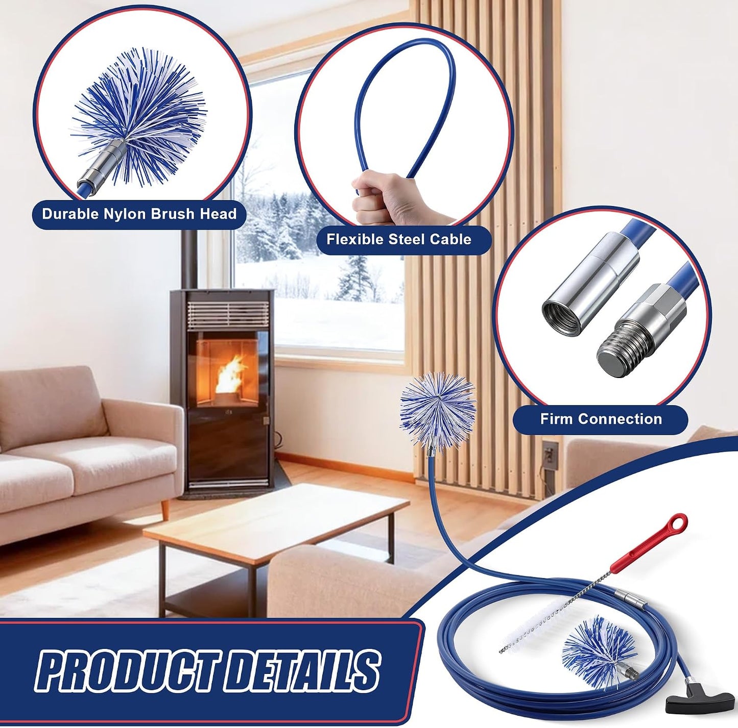 Dreyoo Pellet Stove Cleaning Brush Kit, 20 FT Flexible Steel Rod with 3" Brush Head, T Handle, Multi Purpose Flue Detail Cleaner, Nylon Stove Flue Pipe Kit for Pellet Furnace Exhaust Pipes