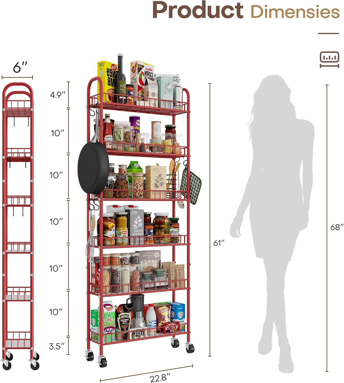 Slim Rolling Storage Cart with Wheels, Metal 6 Tier Spice Rack Mobile Shelving Unit Organizer Kitchen Utility Cart for Office Bathroom Kitchen Laundry Room Narrow Places (6inches)