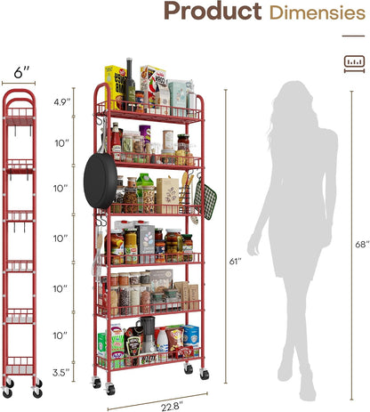 Slim Rolling Storage Cart with Wheels, Metal 6 Tier Spice Rack Mobile Shelving Unit Organizer Kitchen Utility Cart for Office Bathroom Kitchen Laundry Room Narrow Places (6inches)