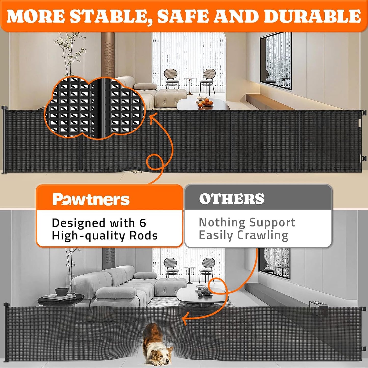 Pawtners Retractable Baby Gates Extra Wide, 41" Tall Extends up to 71" Wide, Dog Gate Indoor for Stairs, Pet Gate with Support Rods for Doorways Hallways Indoor & Outdoor-Black