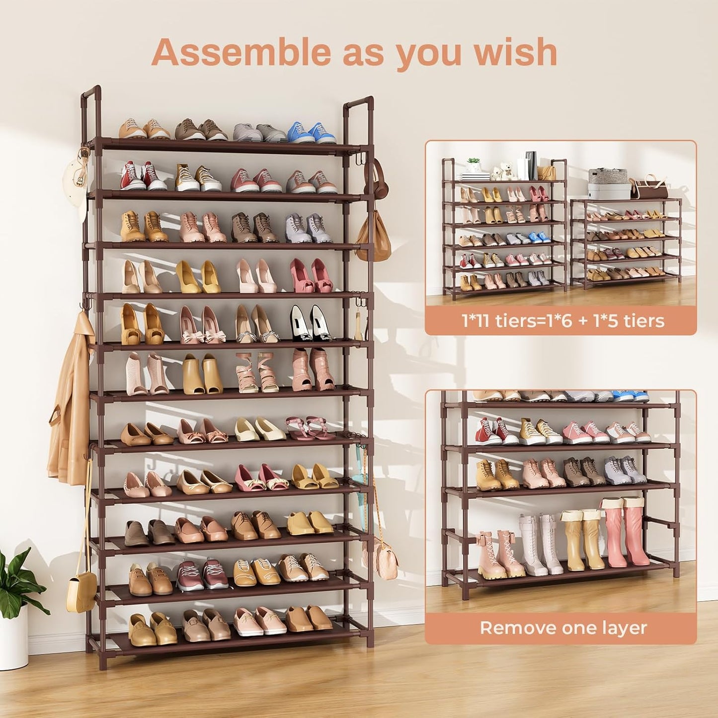 LANTEFUL 10 Tiers Shoe Rack 50 Pairs Large Capacity Tall Shoe Organizer Sturdy Shoe Storage with Two Hooks Space Saving Metal Wide Shoe Rack for Closet, Entryway, Bedroom, Black