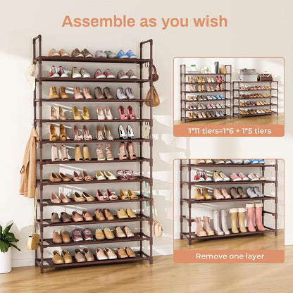 LANTEFUL 10 Tiers Shoe Rack 50 Pairs Large Capacity Tall Shoe Organizer Sturdy Shoe Storage with Two Hooks Space Saving Metal Wide Shoe Rack for Closet, Entryway, Bedroom, Black