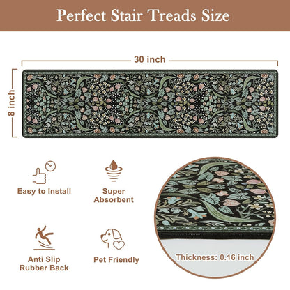 OJIA Floral Stair Treads Non-Slip Stair Runner for Wooden Steps Indoor 15PCS 30"x8" Carpet Stair Treads Stair Mats Staircase Step Treads for Kids, Elders and Dogs, Stair Covers, Black