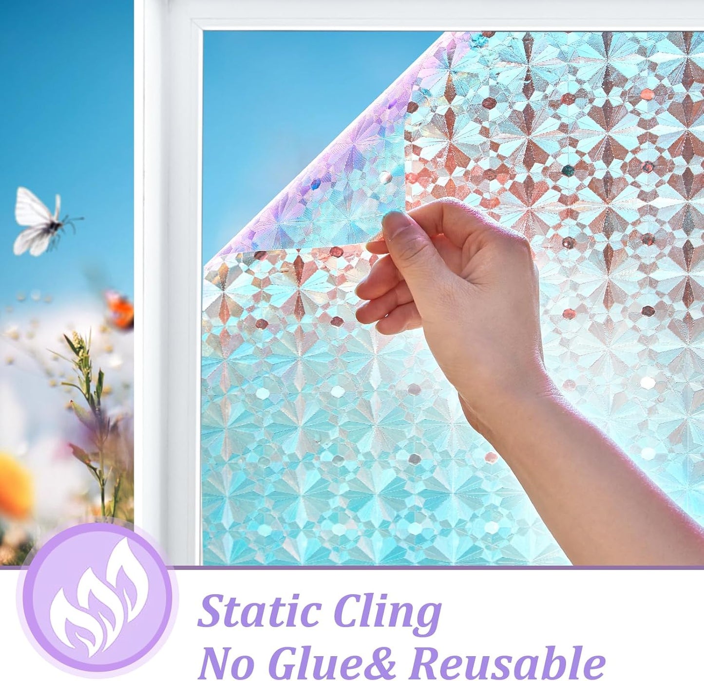 Windimiley 3D Diamond Frosted Window Privacy Film, Static Cling No-Glue Removable Vinyl, UV Blocking Heat Control for Bathroom Bedroom Door, 17.5 x 78.7 inch