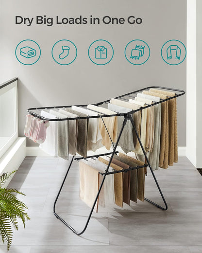 SONGMICS Clothes Drying Rack, with Sock Clips, Metal Laundry Rack, Foldable, Space-Saving, Free-Standing Airer, with 2 Height-Adjustable Gullwings, Indoor Outdoor Use, Gray ULLR052G01