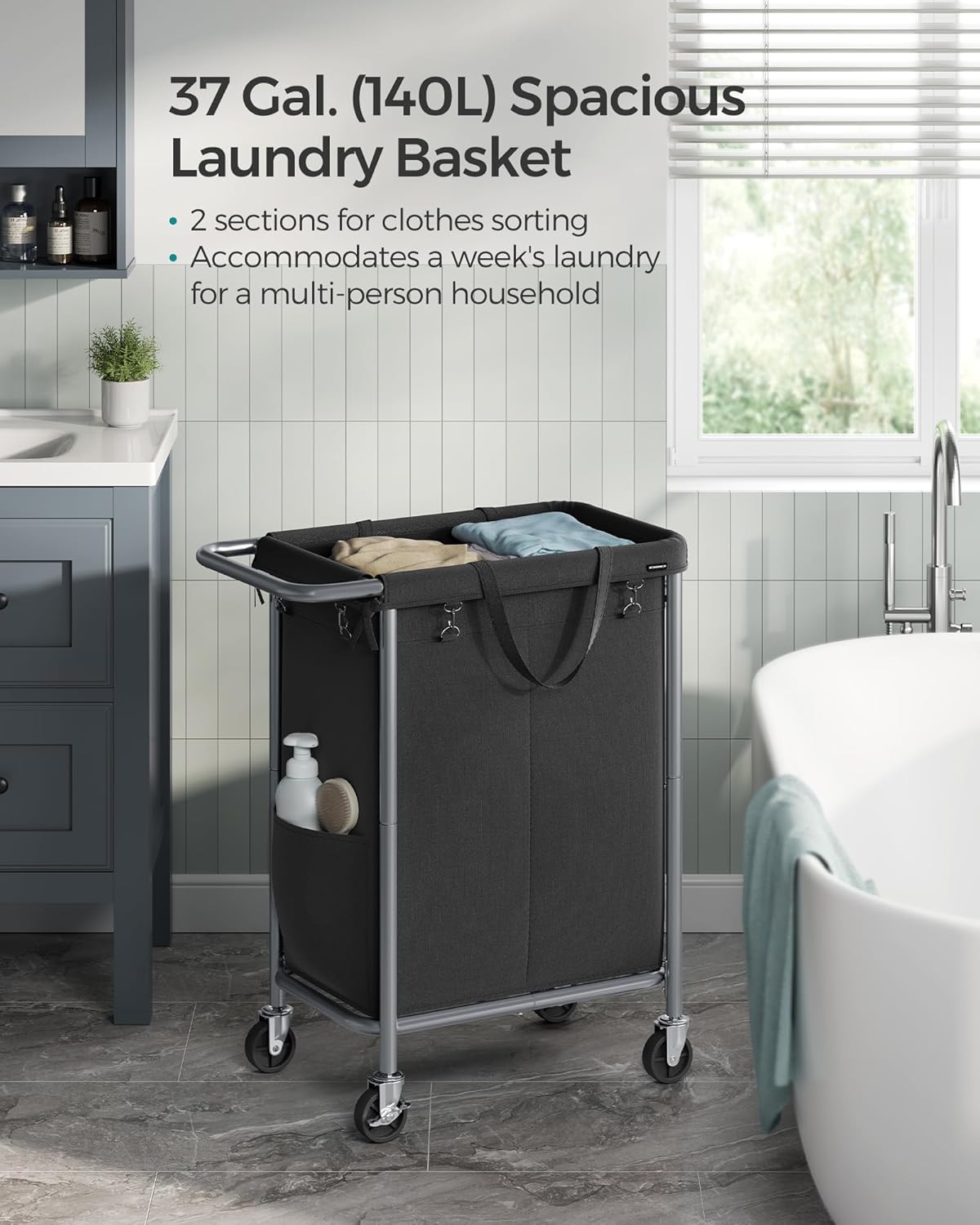 SONGMICS Laundry Basket with Wheels, 3-Section Rolling Laundry Hamper, 52.8 Gallons (200 L), Removable Liner, Steel Frame with Handle, 35.8 x 15.4 x 31.9 Inches, Cream White URLS005W01