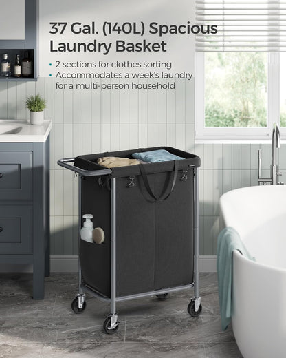 SONGMICS Laundry Basket with Wheels, 3-Section Rolling Laundry Hamper, 52.8 Gallons (200 L), Removable Liner, Steel Frame with Handle, 35.8 x 15.4 x 31.9 Inches, Cream White URLS005W01