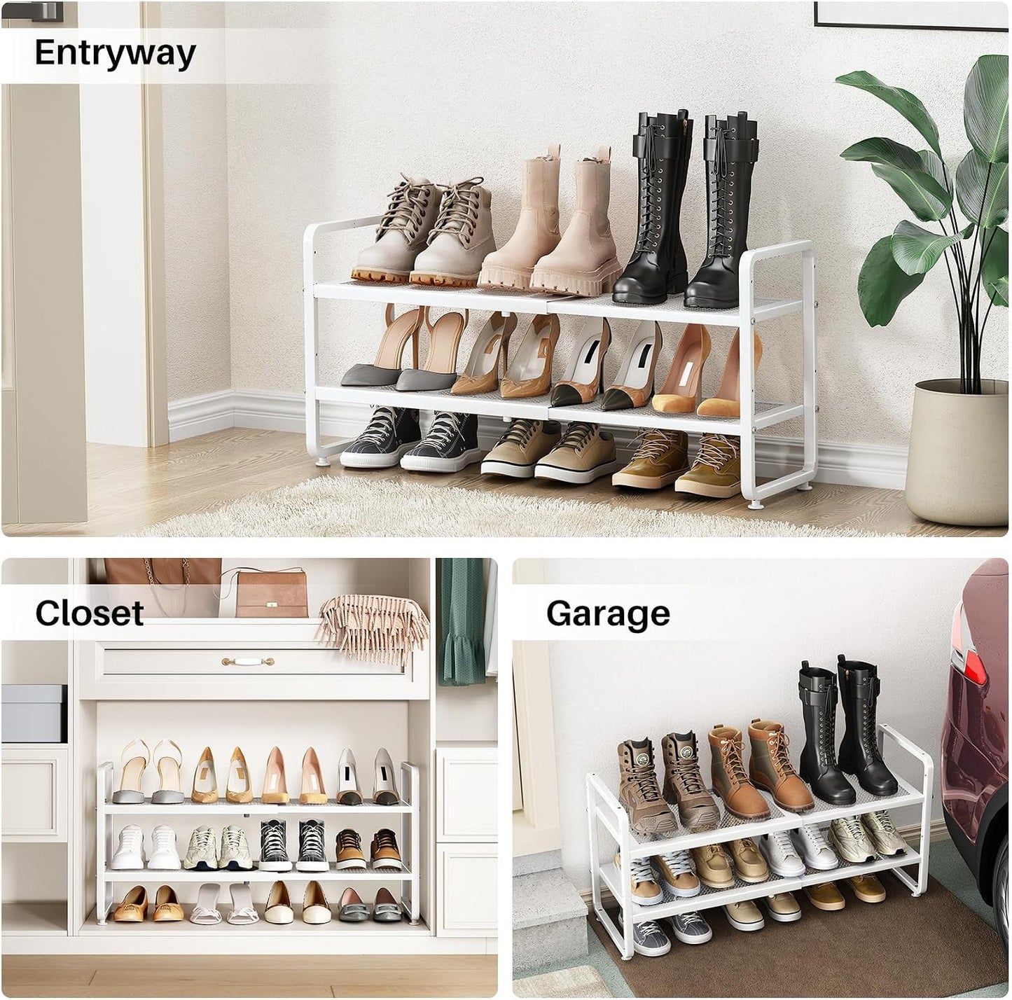 SNTD Shoe Rack - Expandable Shoe Organizer for Closet, Adjustable Metal Shoe Shelf Storage, Stackable Long Shoe Stand Holder for Garage, Entryway, Door Entrance (Black, 2-Tier)