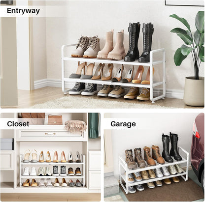 SNTD Shoe Rack - Expandable Shoe Organizer for Closet, Adjustable Metal Shoe Shelf Storage, Stackable Long Shoe Stand Holder for Garage, Entryway, Door Entrance (Black, 2-Tier)