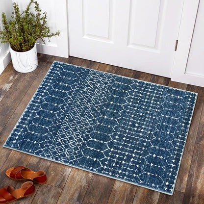 Lahome Moroccan Entry Rug 2x3, Non-Slip Washable Front Indoor Door Mat Rubber Backing Low-Profile Door Rugs, Small Geometric Print Distressed for Entryway Bathroom Kitchen, Black Hana