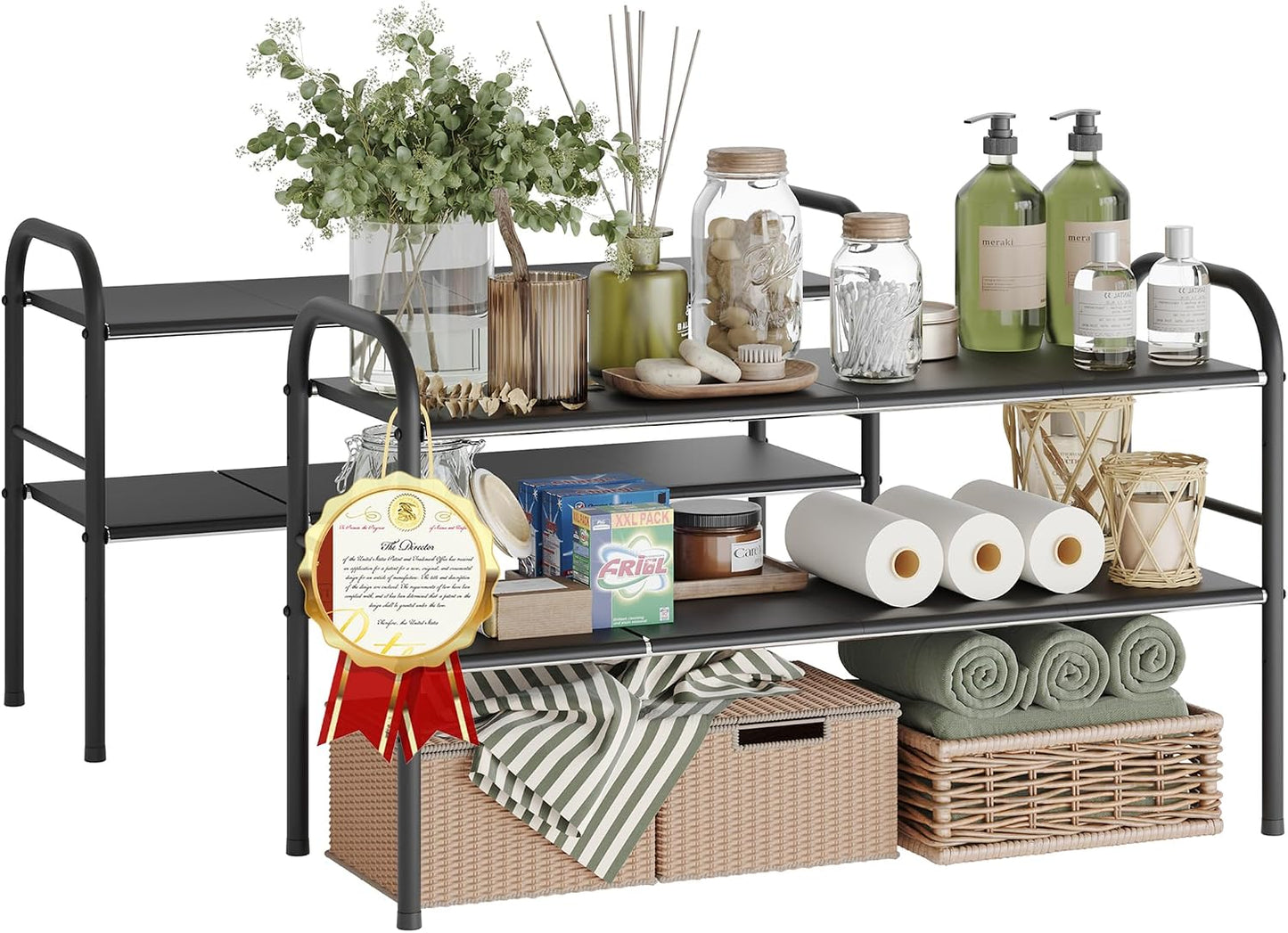 NETEL Under Sink Organizers and Storage, 2 Tier Expandable Under Cabinet Organizer Shelf with 4 Baskets and 4 Panels, Expandable Shelf for Cupboard, Kitchen, Bathroom, Shoe Storage Rack