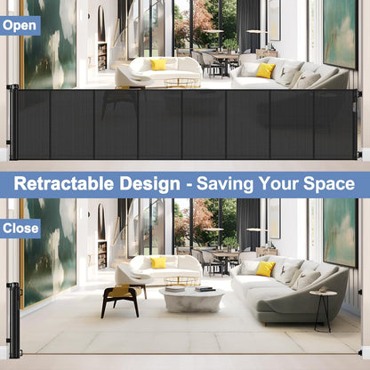 Reinforced Retractable Baby Gates with Support Beam 60" Wide Retractable Dog Gate Indoor Prevent Children and Dogs from Crawling Under Outdoor Dog Gate for Deck Mesh Gates for Kids or Pets, Black