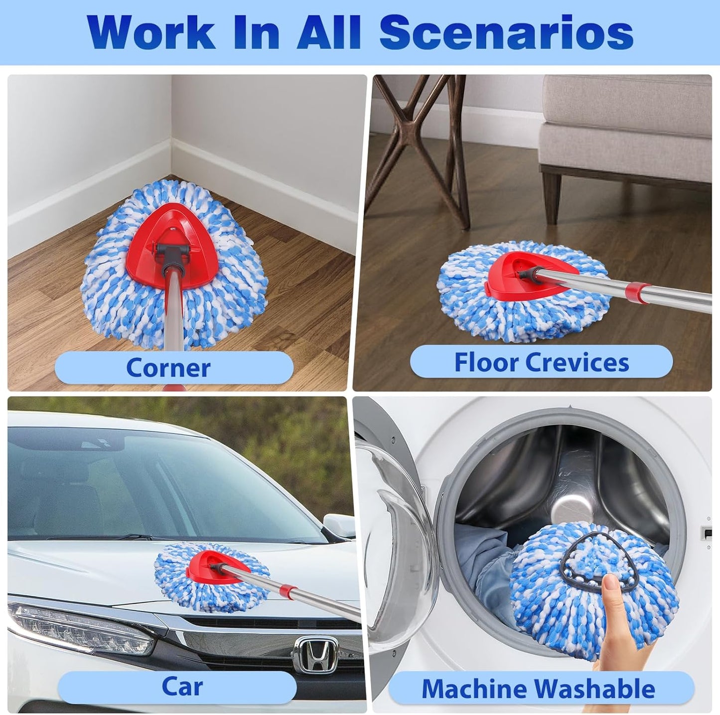 Spin Mop Head Refills Compatible with OCedar RinseClean 2-Tank System - 6-in-1 Kit Includes 4 Microfiber Replacement Heads, 1 Mop Base & 1 Scrub Brush - Machine Washable Floor Cleaning Set