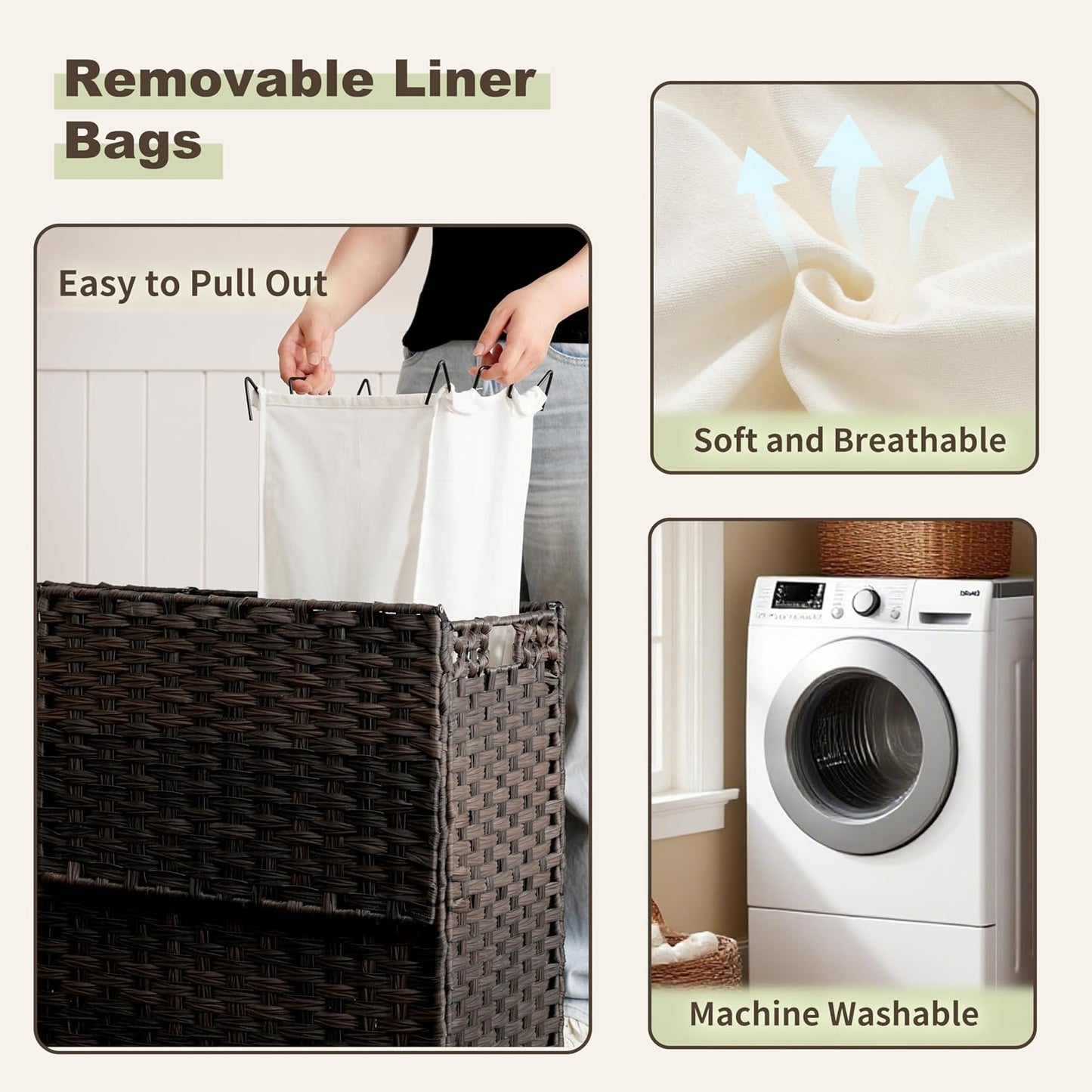 Gitelsnour Laundry Hamper with Lid, 110L (29.1 Gal) Rattan Laundry Hamper 2 Section with 50L (13.2 Gal) Storage Shelf, Wicker Woven Laundry Sorter Basket with 3 Liner Bags and Handles, Brown GLH002BR