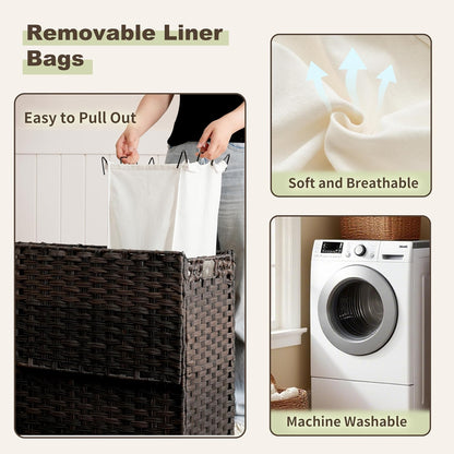 Gitelsnour Laundry Hamper with Lid, 110L (29.1 Gal) Rattan Laundry Hamper 2 Section with 50L (13.2 Gal) Storage Shelf, Wicker Woven Laundry Sorter Basket with 3 Liner Bags and Handles, Brown GLH002BR