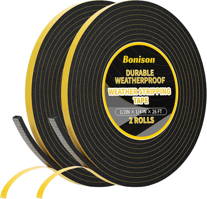 26Ft Weather Stripping Door Seal - 1/2" x 1/4" Door Seal Strip for Door Frame, High Density Foam Insulation Tape, Self Adhesive, Soundproof Gap Filler for Doors, Windows, Sliding & AC Units, White