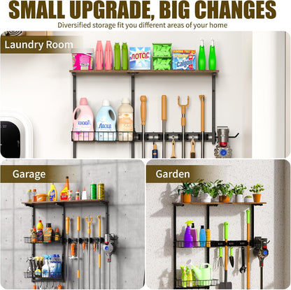 Broom Holder Wall Mount，Mop Rack With Storage Basket,Diversity Laundry Room Cleaning Tool Storage container，Suitable Family Garage Kitchen Organization Wall-Mounted Rack (Black, Medium)