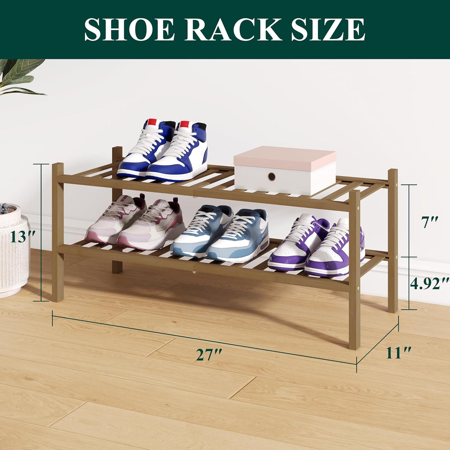 Smiry Bamboo Shoe Rack for Closet, 3 Tier Wooden Shoe Organizer, Stackable Wood Shoe Storage Shelf for Entryway, 14 Vertical Slats, One-piece Heavy-Duty Legs, 26.77"x11.02"x18.31", Natural