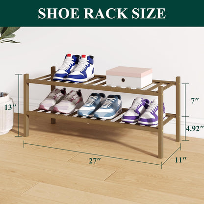 Smiry Bamboo Shoe Rack for Closet, 3 Tier Wooden Shoe Organizer, Stackable Wood Shoe Storage Shelf for Entryway, 14 Vertical Slats, One-piece Heavy-Duty Legs, 26.77"x11.02"x18.31", Natural