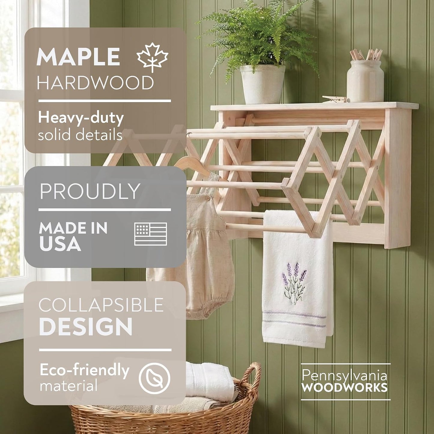 Pennsylvania Woodworks Wall Mounted Clothes Drying Rack - Heavy Duty, Collapsible Laundry Rack for Drying Clothes - Solid Maple Hardwood Foldable Drying Rack - Made in The USA - (Small)