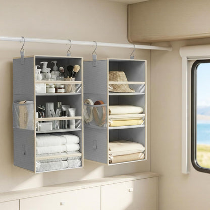 STORAGE MANIAC 6-Shelf Hanging Closet Organizer and Storage, 2 Separable 3-Shelf Haning Organizers for Closet, Collapsible Hanging Shelves Wardrobe Organization, College Dorm Room, Nursery, Beige
