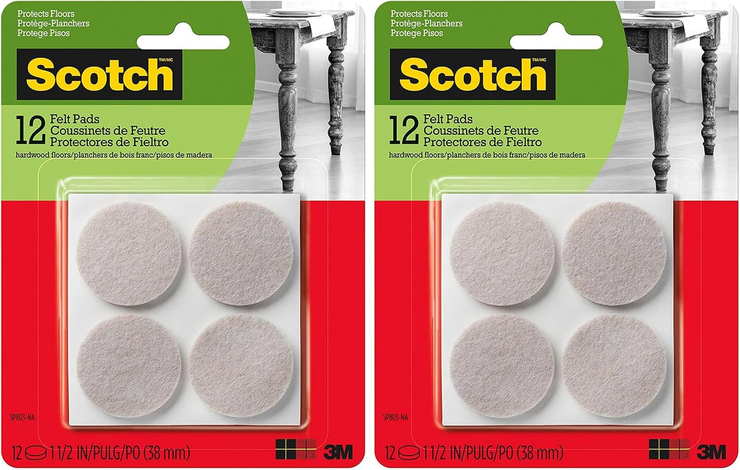 Scotch Felt Pads 12 PCS Beige, Felt Furniture Pads for Protecting Hardwood Floors, 1.5" inch Round, Easy-to-apply, Self-Stick design, Reliable protection from nicks, dents and scratches (SP803-NA)